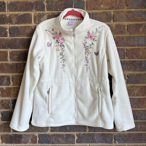 BRADFORD EX Cream Pink Embroidered Floral Butterfly Fleece Zip Sweater Jacket M - Picture 1 of 12